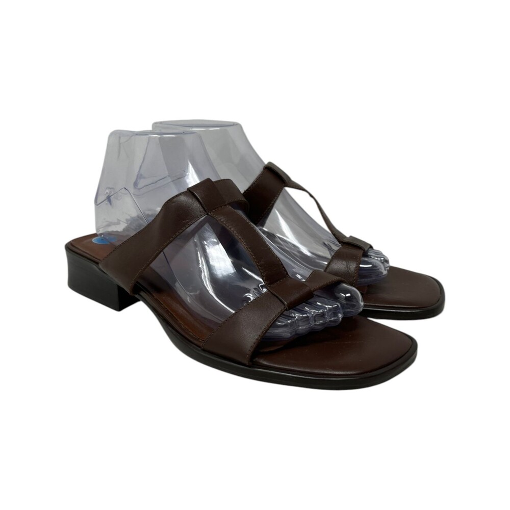 Etienne Aigner Sandal Women Size 9 M Brown Solid Leather Slide Block Heel